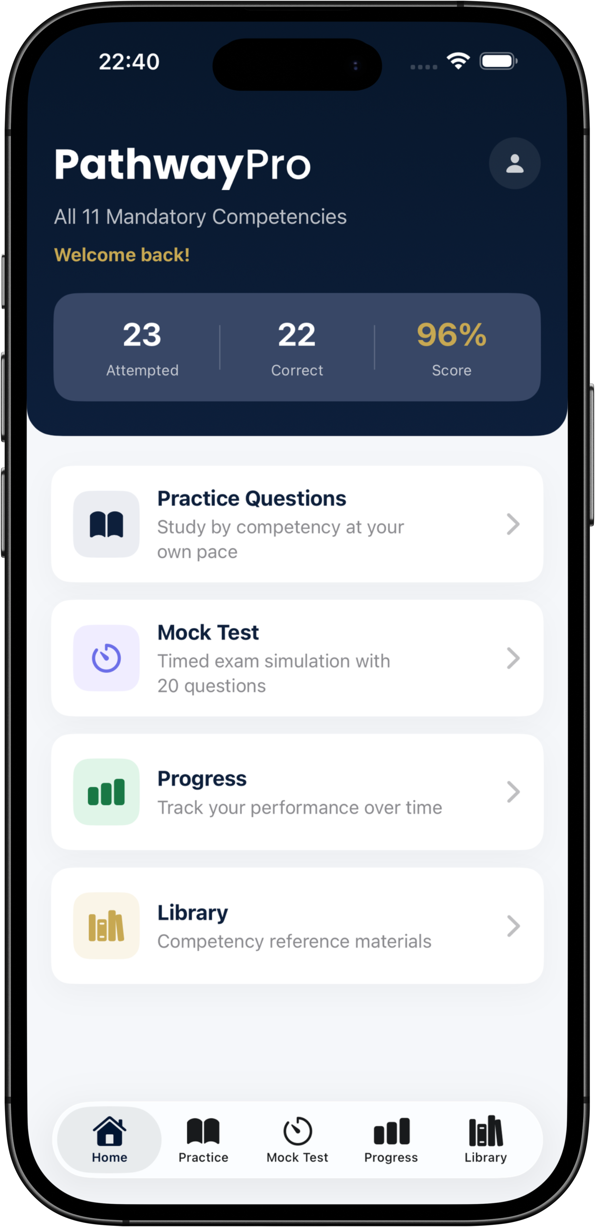 PathwayPro home dashboard showing progress and app navigation options