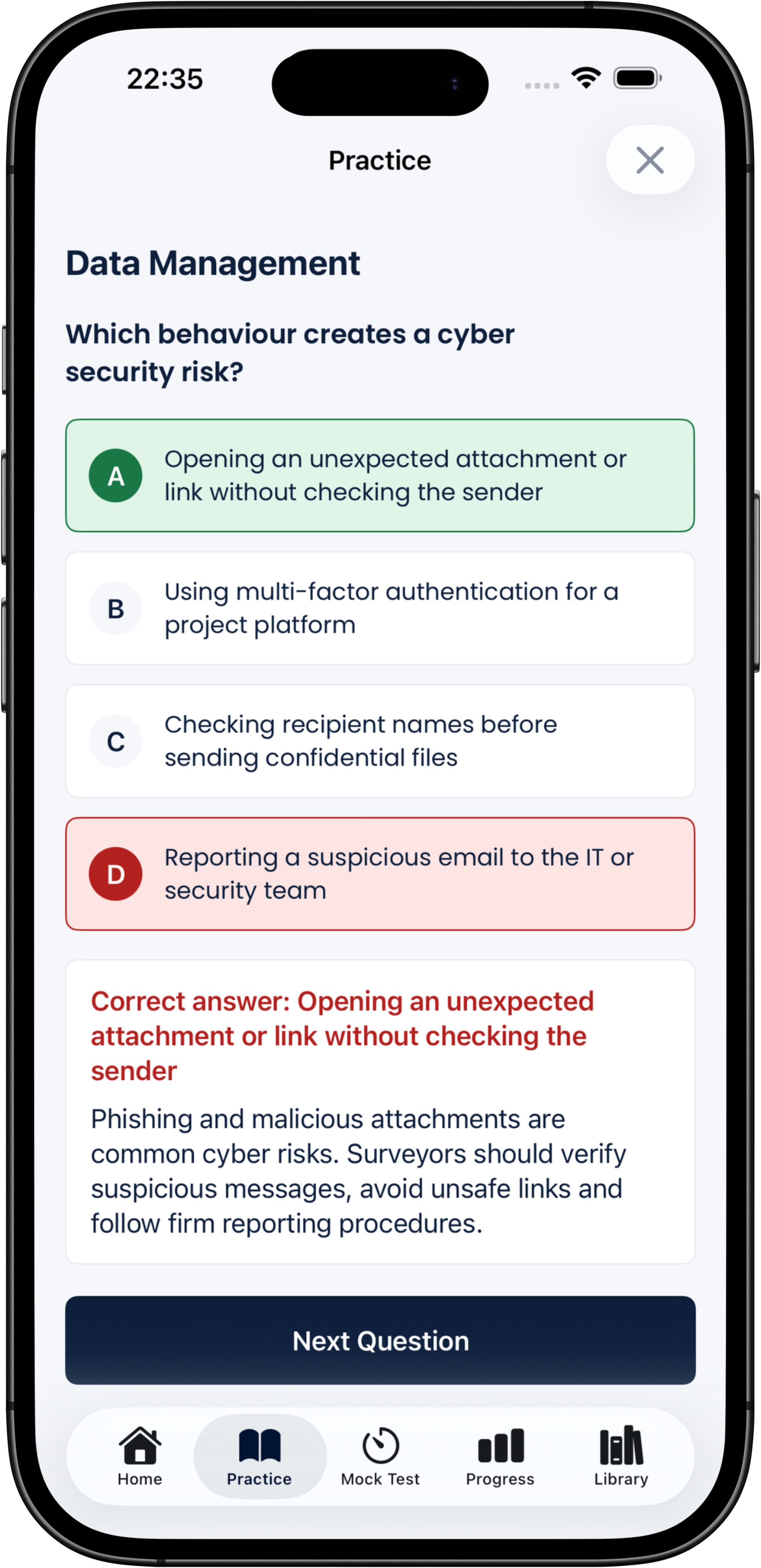 PathwayPro practice question showing answer feedback and explanation